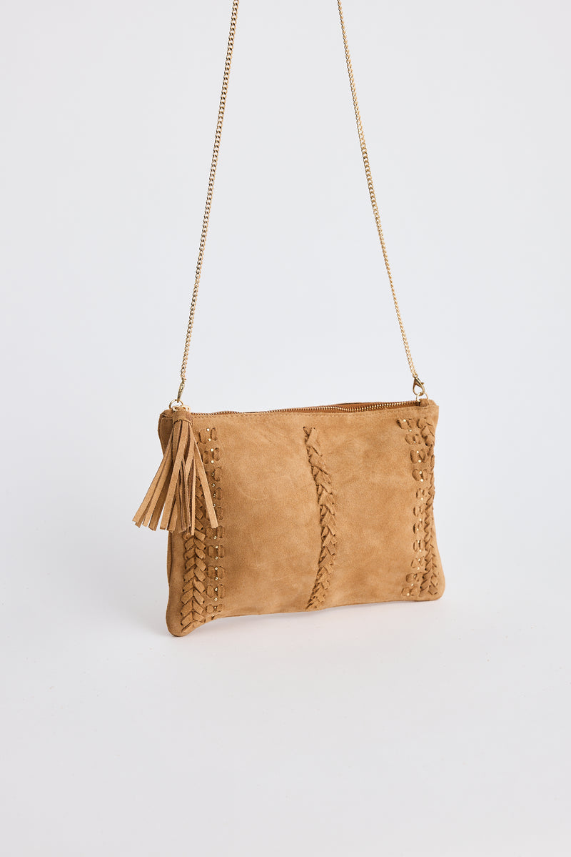 Holiday Munroe Bag in tan suede with detachable gold chain