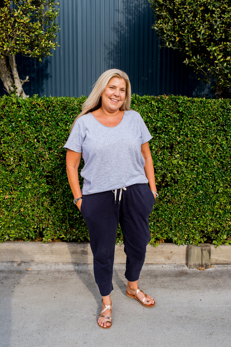 Navy cotton jersey pants with elastic waistband – Elm Brunch Pant