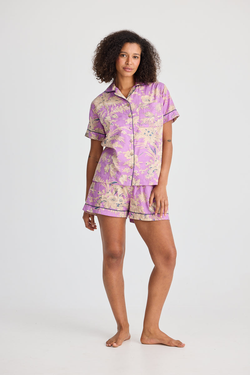Cotton pyjama set in purple block print with piping