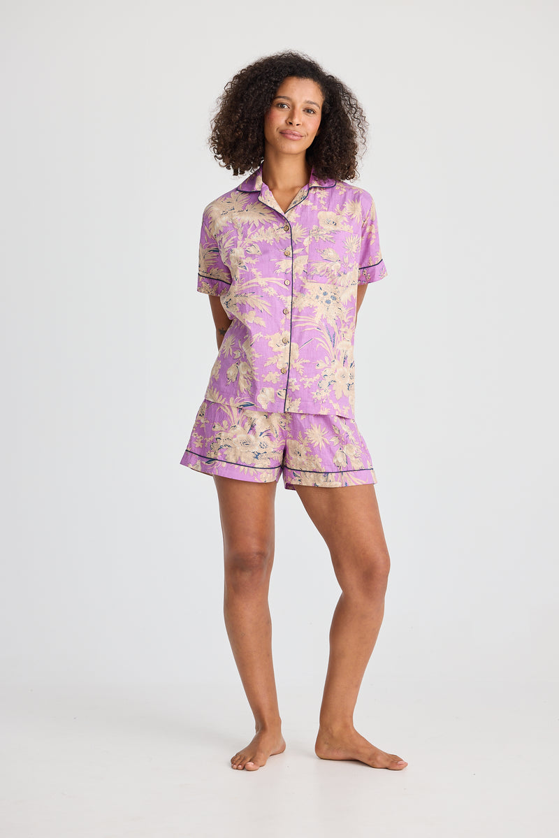 Namaste Pyjama Set Purple Haveli Print shirt and shorts