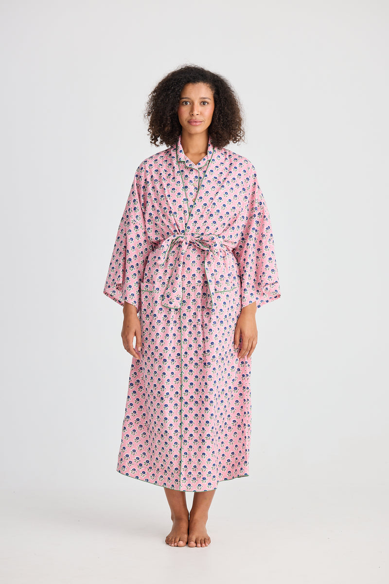 Lightweight cotton robe with daisy print and contrast piping detai