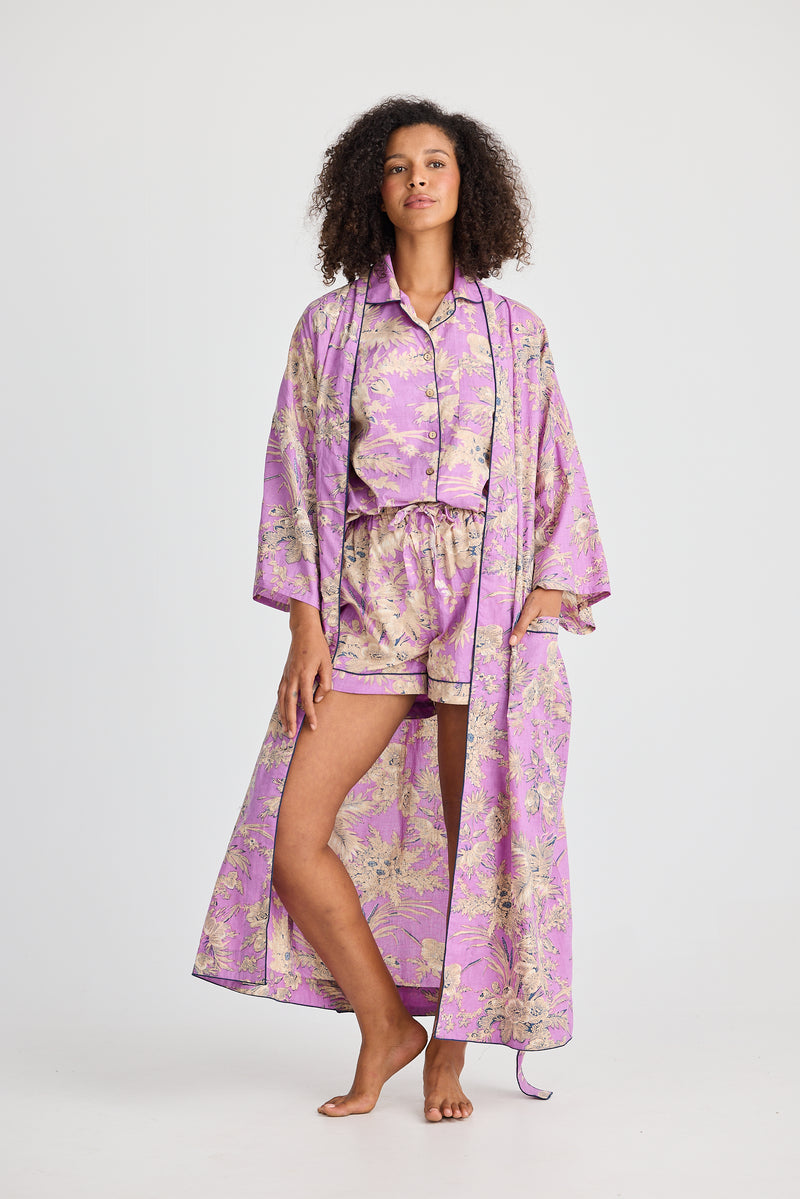 Purple printed cotton voile loungewear robe