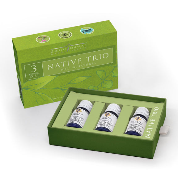 Gumleaf Essentials Native Trio essential oil gift box featuring Eucalyptus Blue Mallee, Lemon Myrtle and Outback blend.