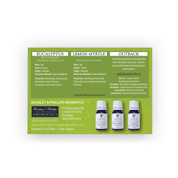 Australian native essential oil set with three 10ml bottles presented in a gift box.