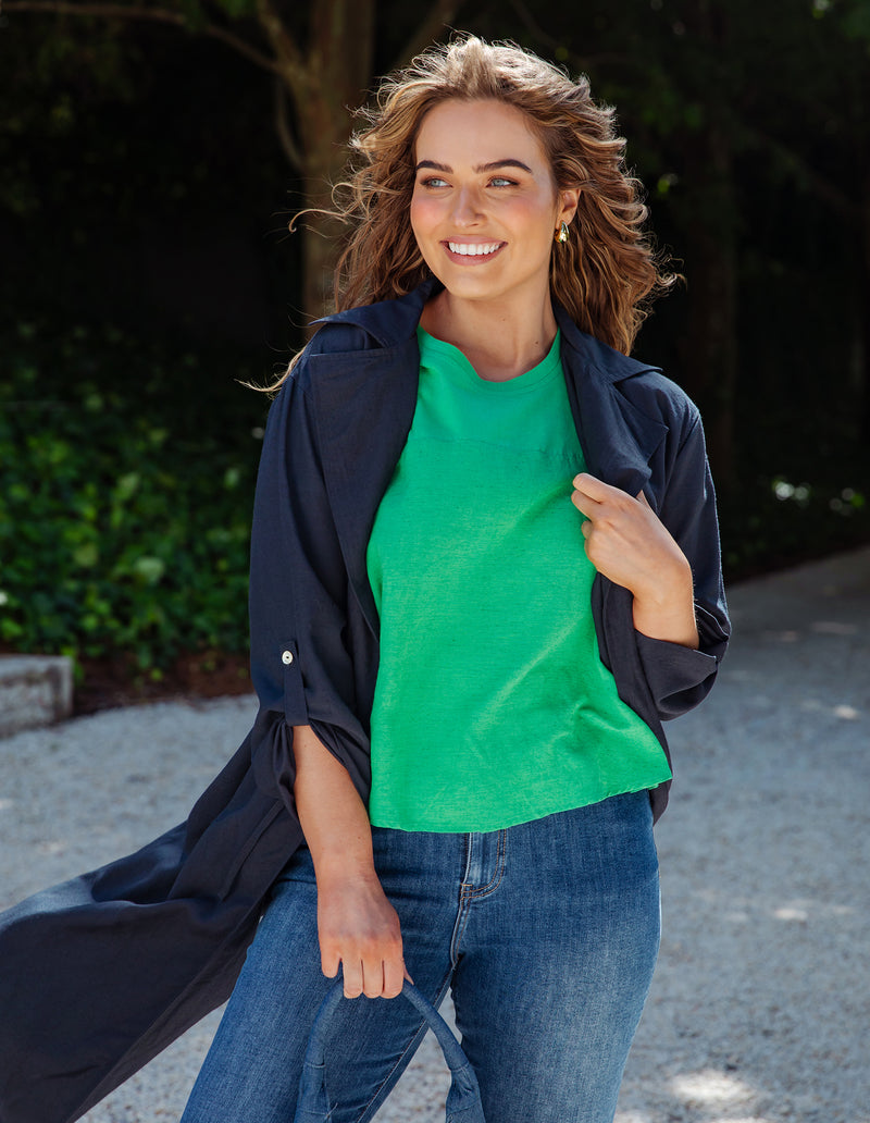 Navy linen trench coat with drawcord waist