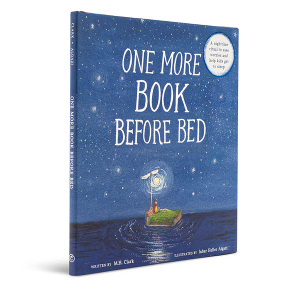Book titled 'One More Book Before Bed' with a blue cover and illustration of a child on a raft.
