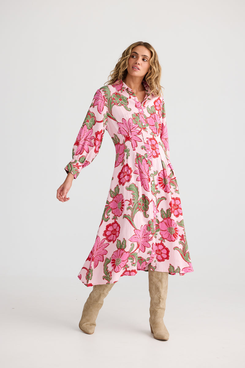 Ophelia Shirt Dress Pink Ibiza – linen blend midi shirt dress