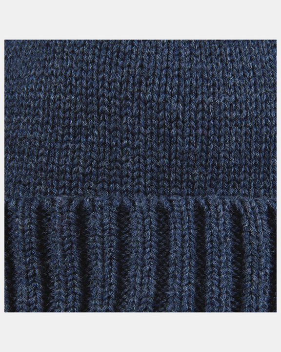 Close-up of a blue knitted fabric texture Toshi beanie