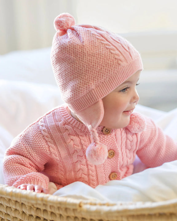 pink organic cotton baby beanie with ear flaps