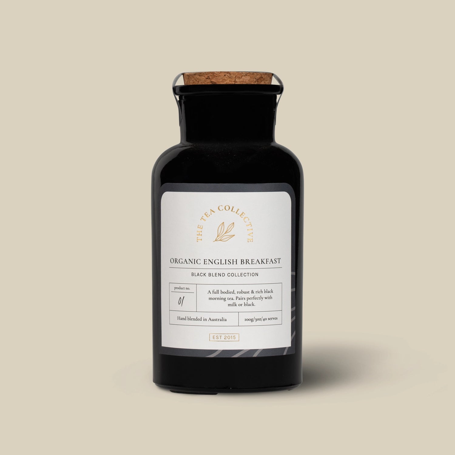 Organic English Breakfast loose leaf black tea by The Tea Collective in an apothecary-style glass jar.