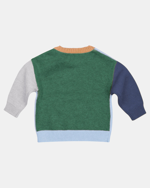 Color-blocked sweater with green body and multicolored sleeves on a white background