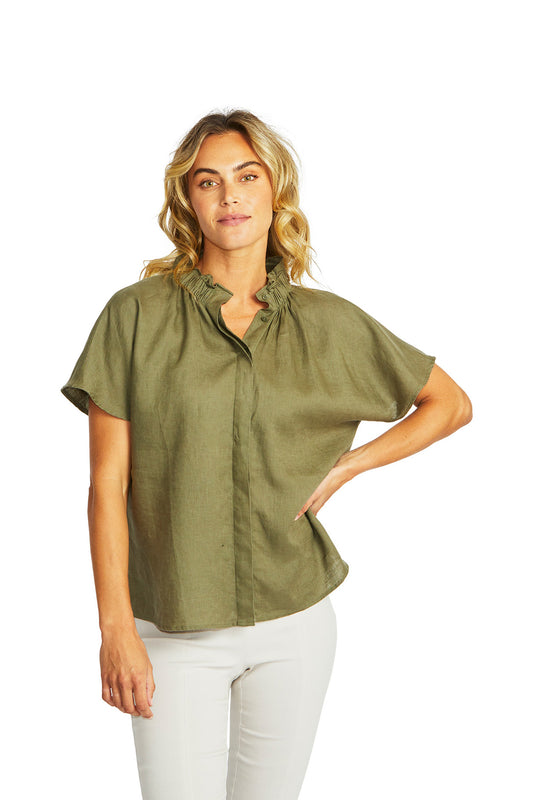 Nora Linen Ruffle Blouse - Khaki