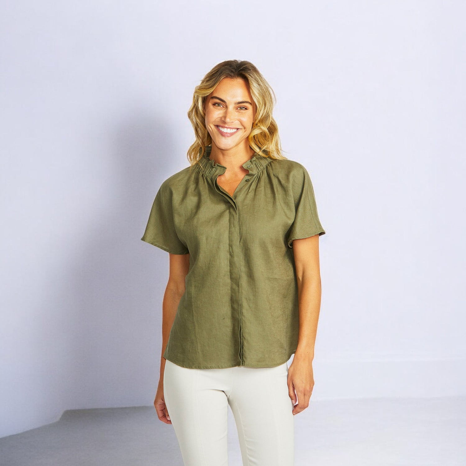 Nora Linen Ruffle Blouse - Khaki