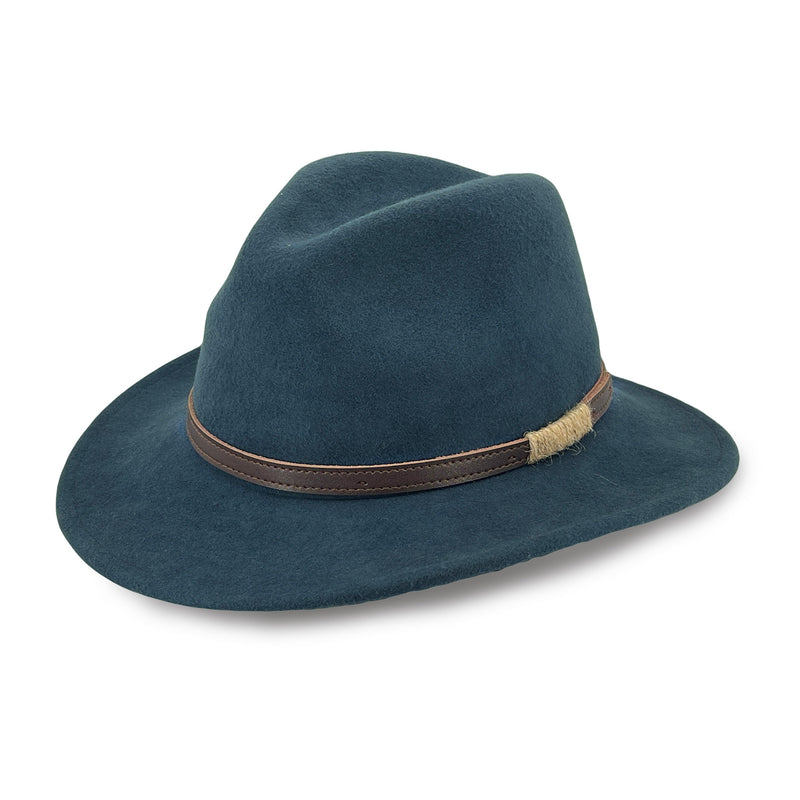Blue fedora hat with a brown band on a white background