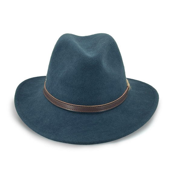 Blue fedora hat with a brown band on a white background