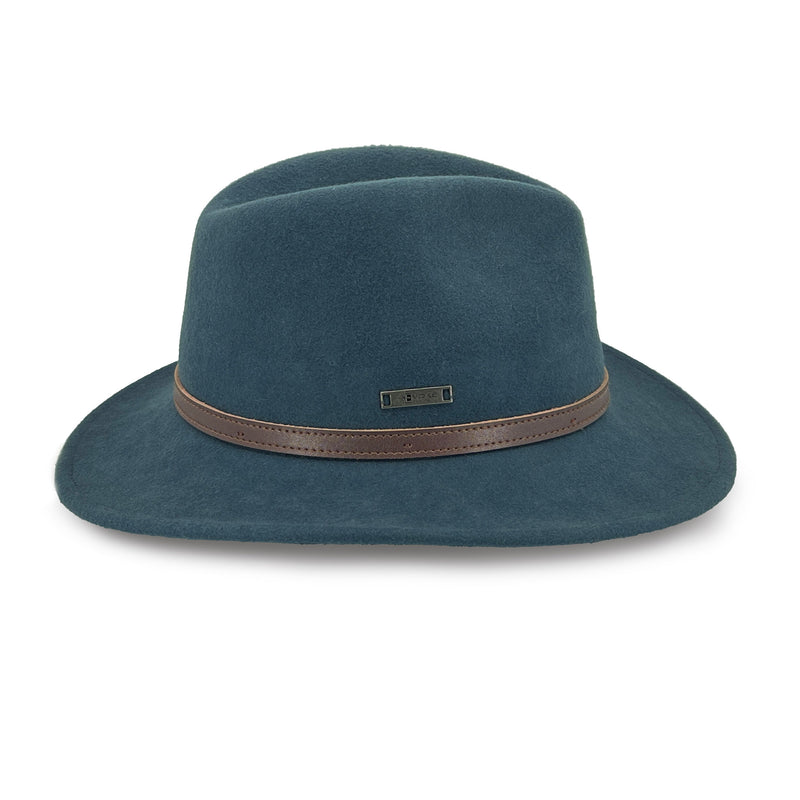 Blue fedora hat with a brown band on a white background