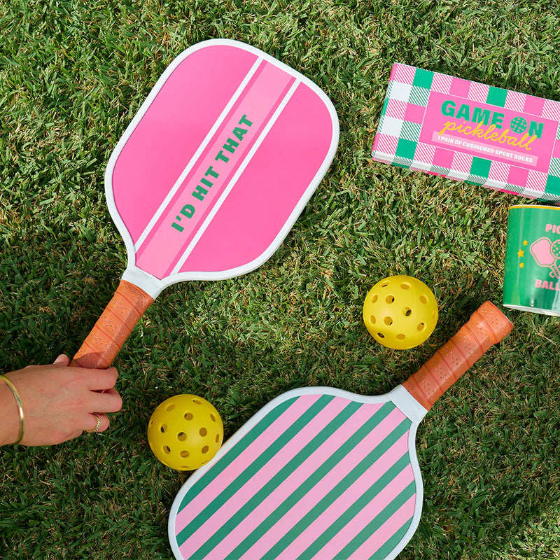 Trendy pink pickleball kit with two rackets and balls – sporty gift