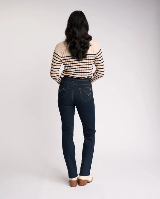 Women's high-rise straight-leg indigo denim jeans by Vassalli.