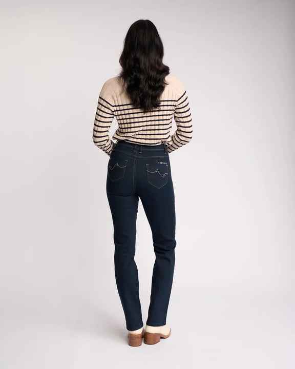 Women's high-rise straight-leg indigo denim jeans by Vassalli.
