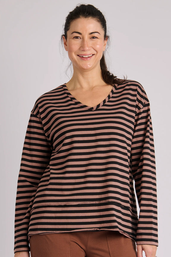 One Ten Willow brown stripe long sleeve top with relaxed swing silhouette and panelled hem detail.