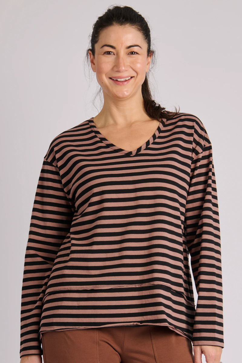 One Ten Willow brown stripe long sleeve top with relaxed swing silhouette and panelled hem detail.