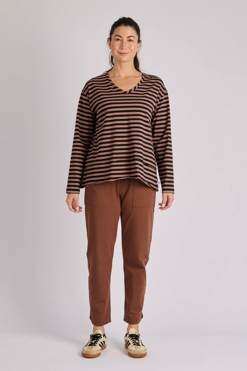 Relaxed fit brown stripe top by One Ten Willow with panelled hem and soft neckline.