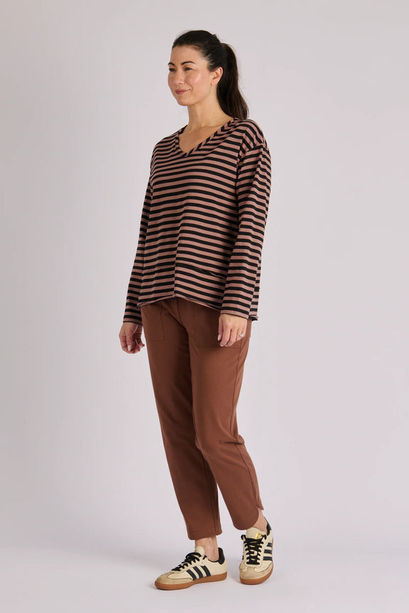 Long sleeve striped women's top in brown tones with swing shape and comfortable stretch fabric.