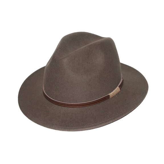 Brown fedora hat with a brown band on a white background