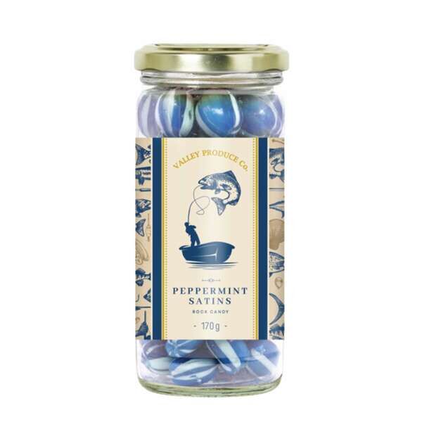 Rock Candy Jar Fishing Peppermint Satins gift for fishing enthusiasts.