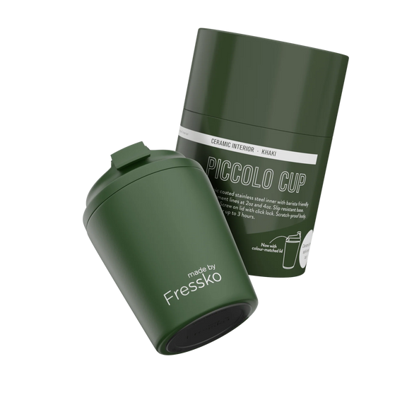 Close up of Piccolo Khaki showing click-back lid and smooth lining