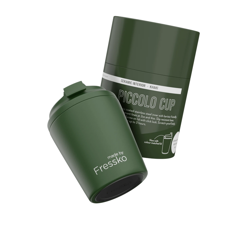 Close up of Piccolo Khaki showing click-back lid and smooth lining