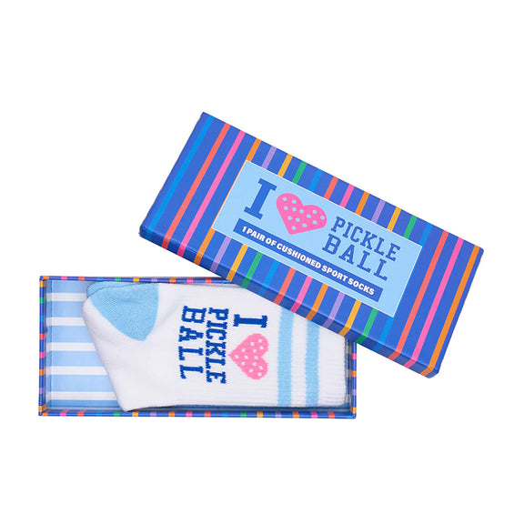 Blue and white boxed pickleball socks with “I Love Pickleball” design