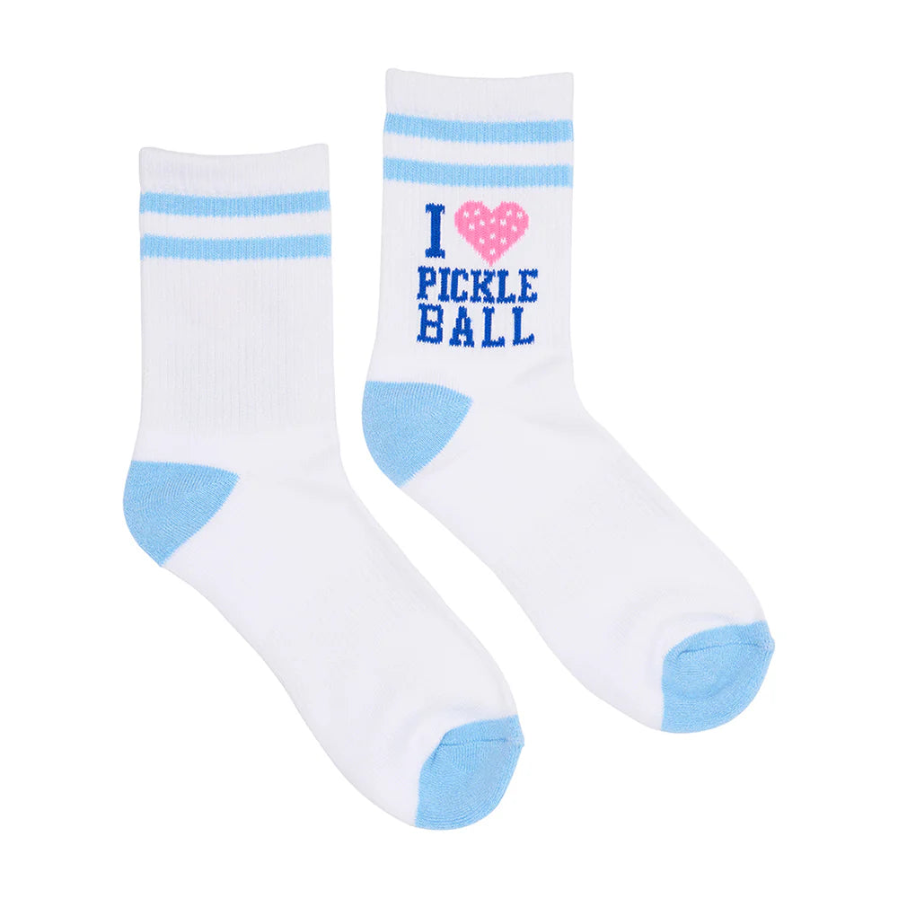 Blue and white boxed pickleball socks with “I Love Pickleball” design