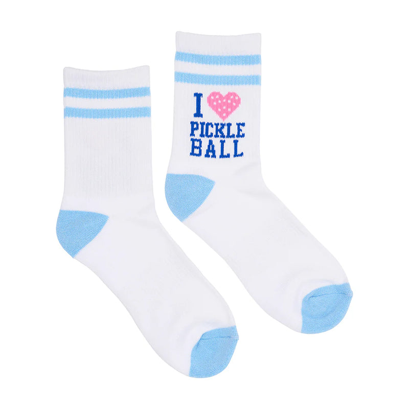 Blue and white boxed pickleball socks with “I Love Pickleball” design