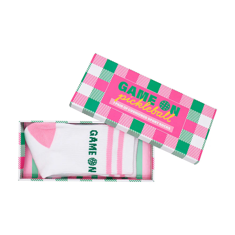 Pink and white pickleball socks boxed – Game On design gift set