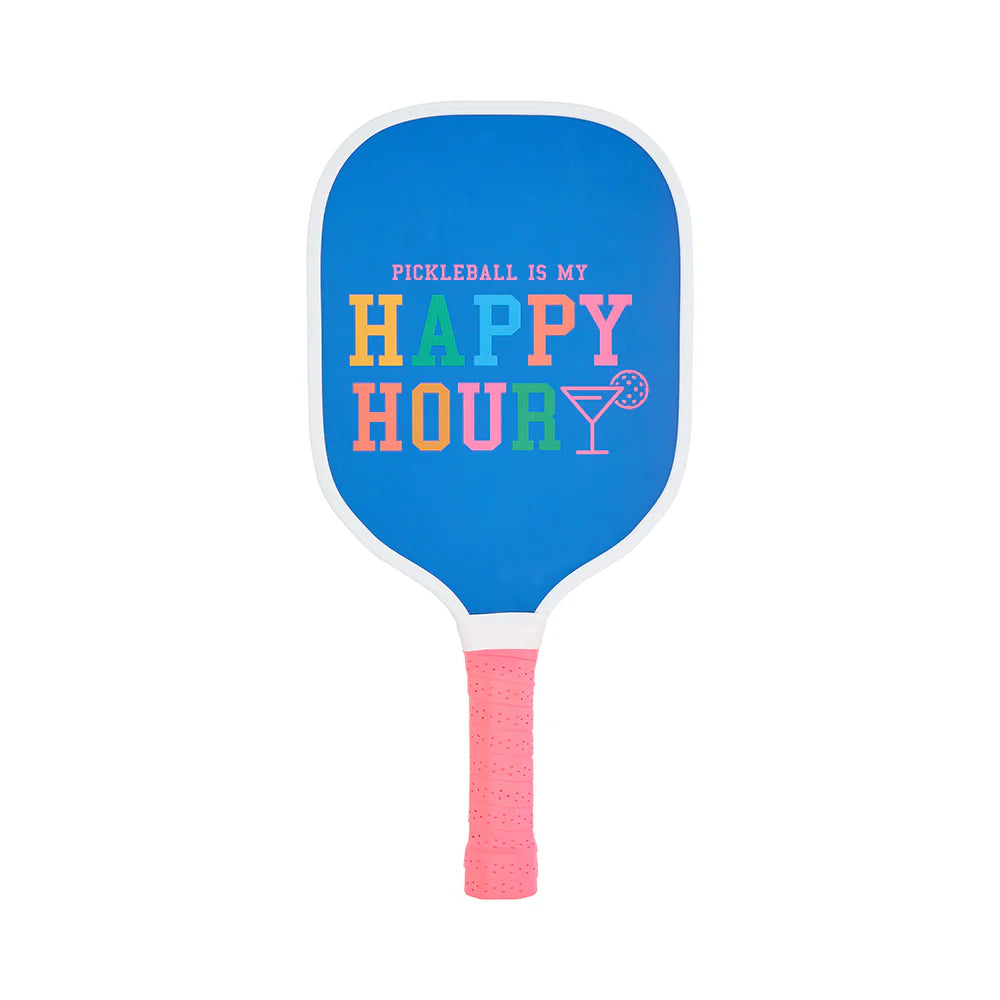 Blue pickleball paddle with colorful text on a white background