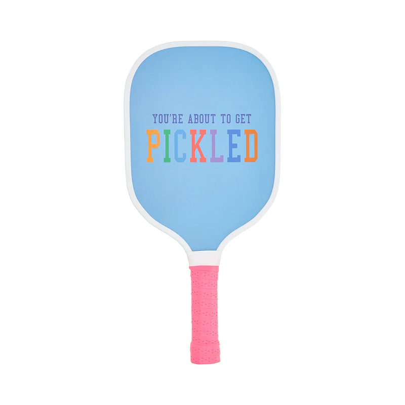Blue pickleball paddle with colorful text and pink handle on a white background