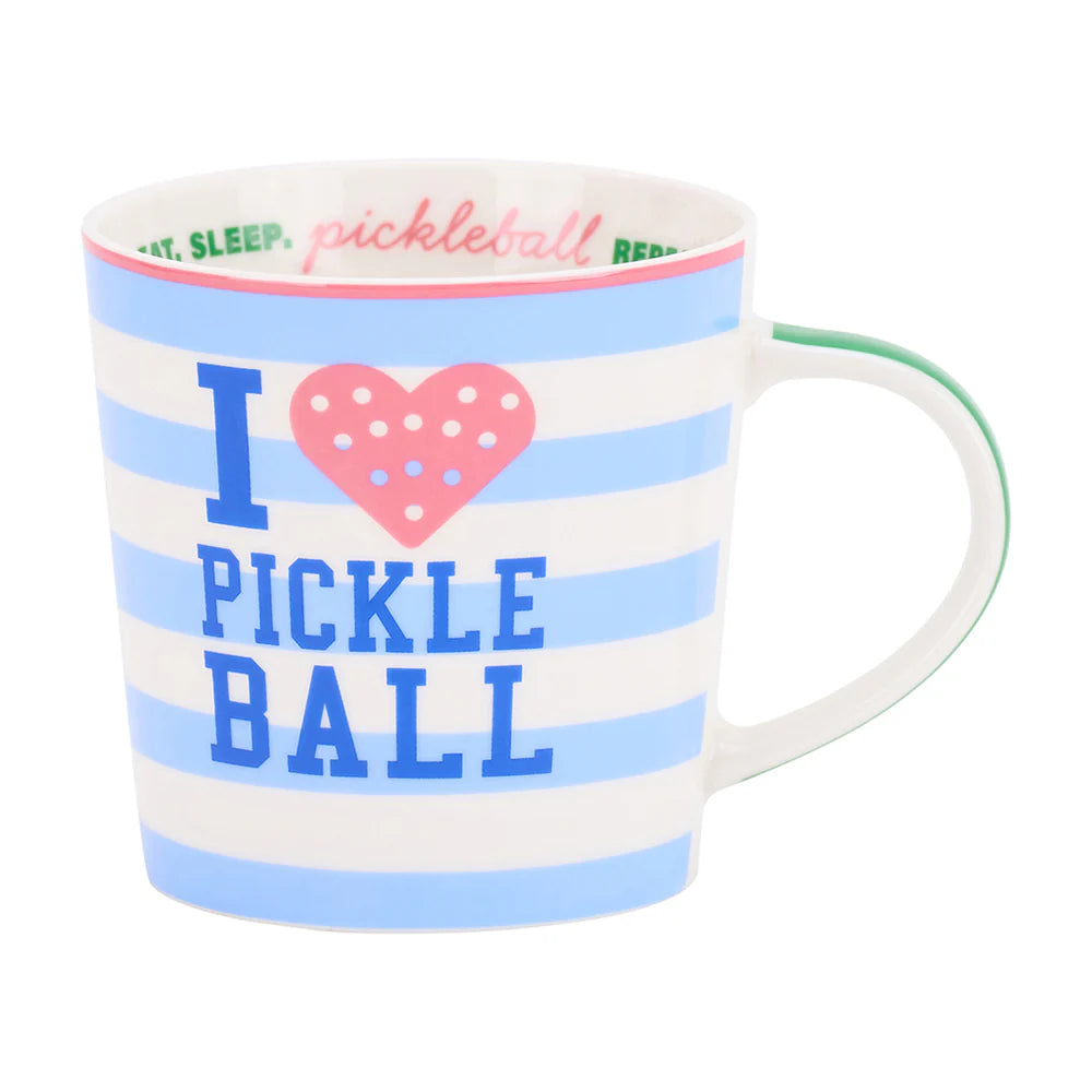 Blue pickleball mug with white stripes and “I Love Pickleball” text