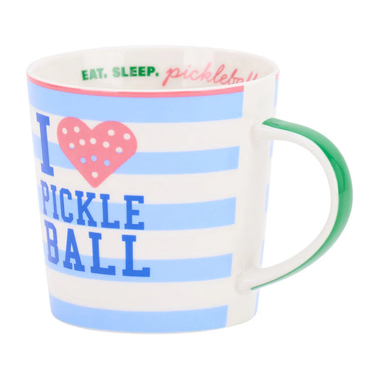 Pickleball themed coffee mug in blue and white stripe design