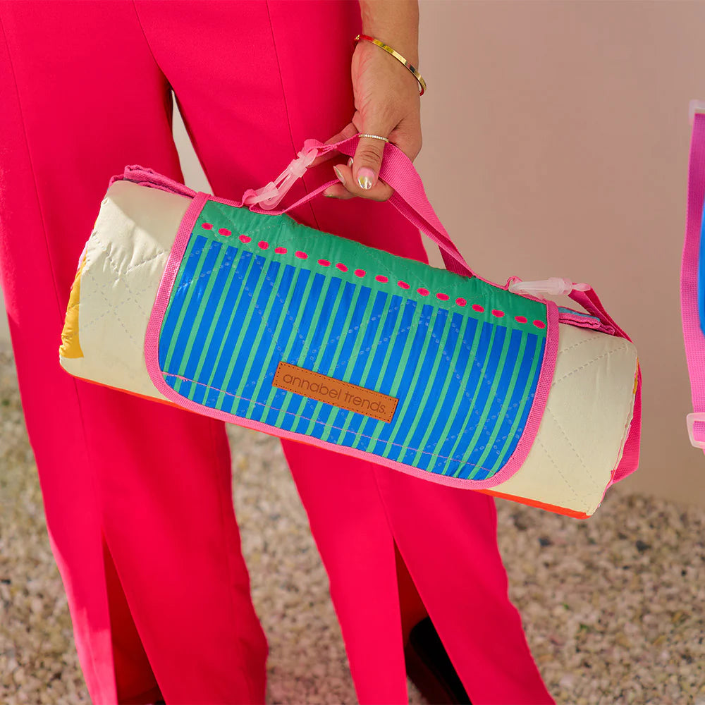 Large colourful picnic mat with easy-carry strap and pocket