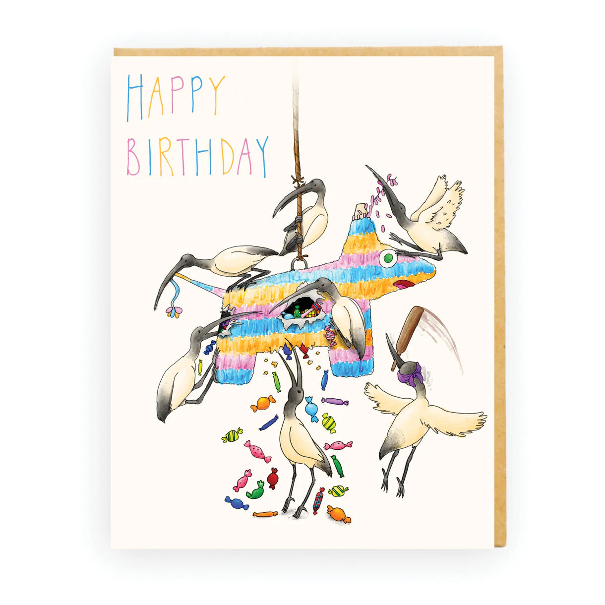 Fun birthday card featuring ibis distroying a pinata and eating the candy. 