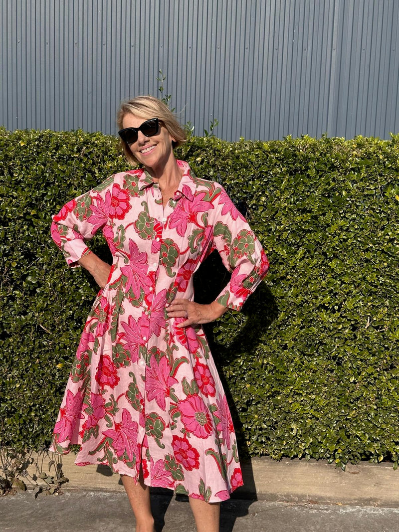 Ophelia Shirt Dress – Pink Ibiza Linen Blend Midi Dress 