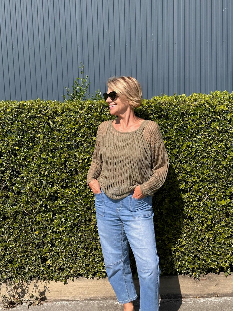 Pontif Knit Set – Khaki | Mesh Knit Top & Tank styled with jeans