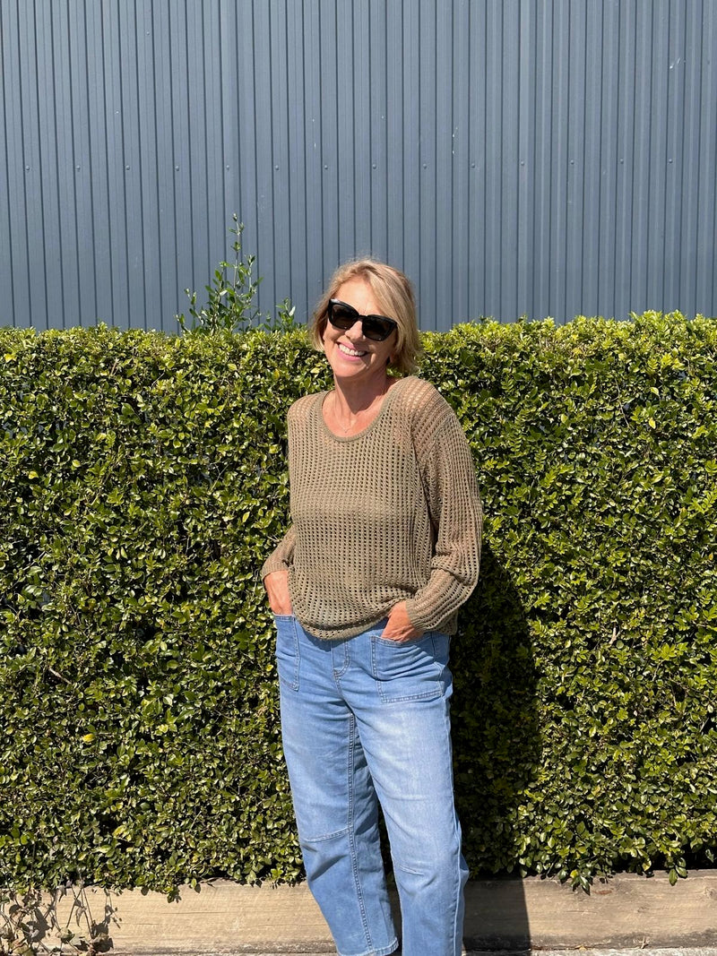 Pontif Knit Set – Khaki styled with jeans 