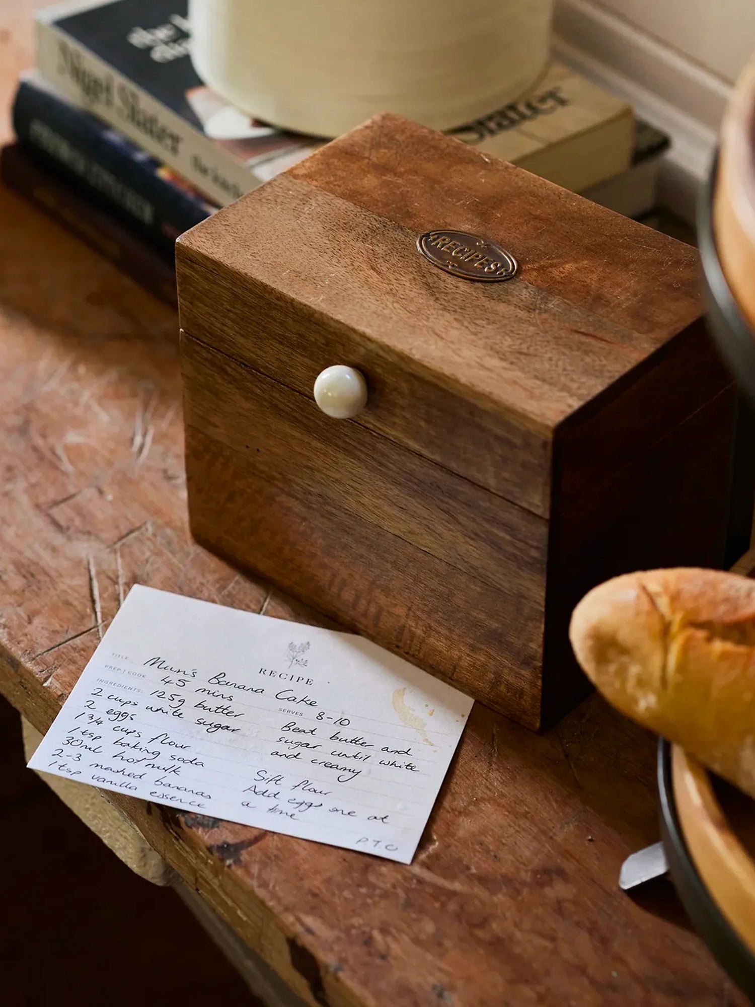 Wooden recipe box with recipe cards included