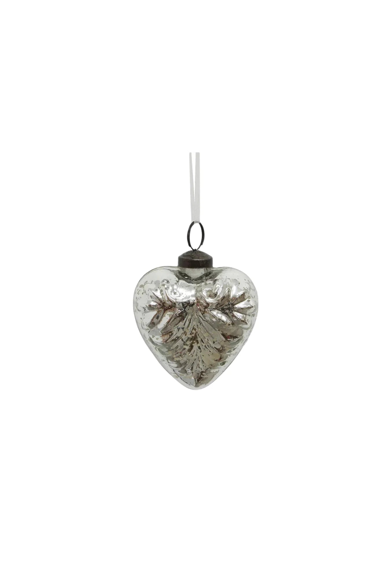 Silver pressed glass heart Christmas ornament with white ribbon