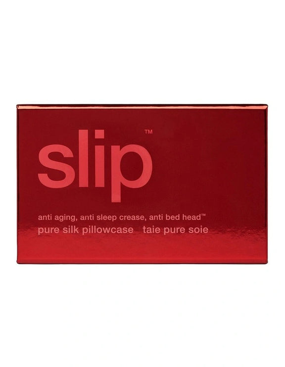 Red pillowcase packaging with 'slip' branding on a white background