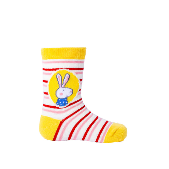 Children’s socks inspired by Ruby Red Shoes book with colourful stripes