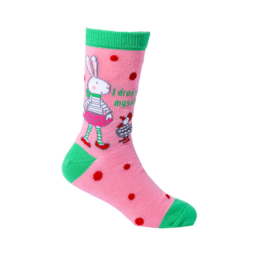 Colourful kids socks featuring Ruby Red Shoes and chicken illustration