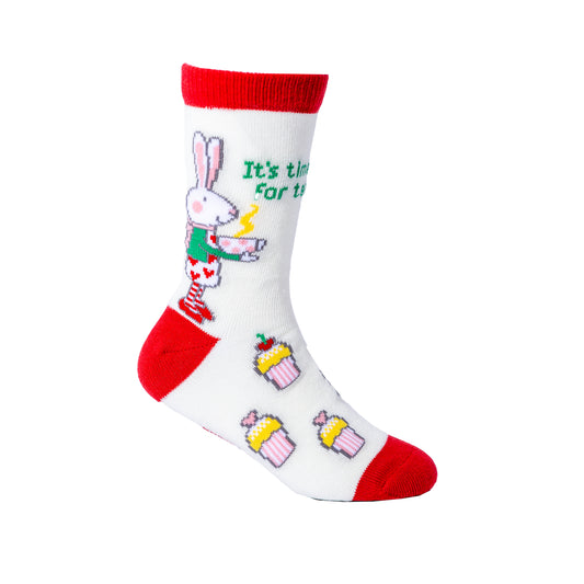 Children’s socks inspired by Ruby Red Shoes tea party illustration